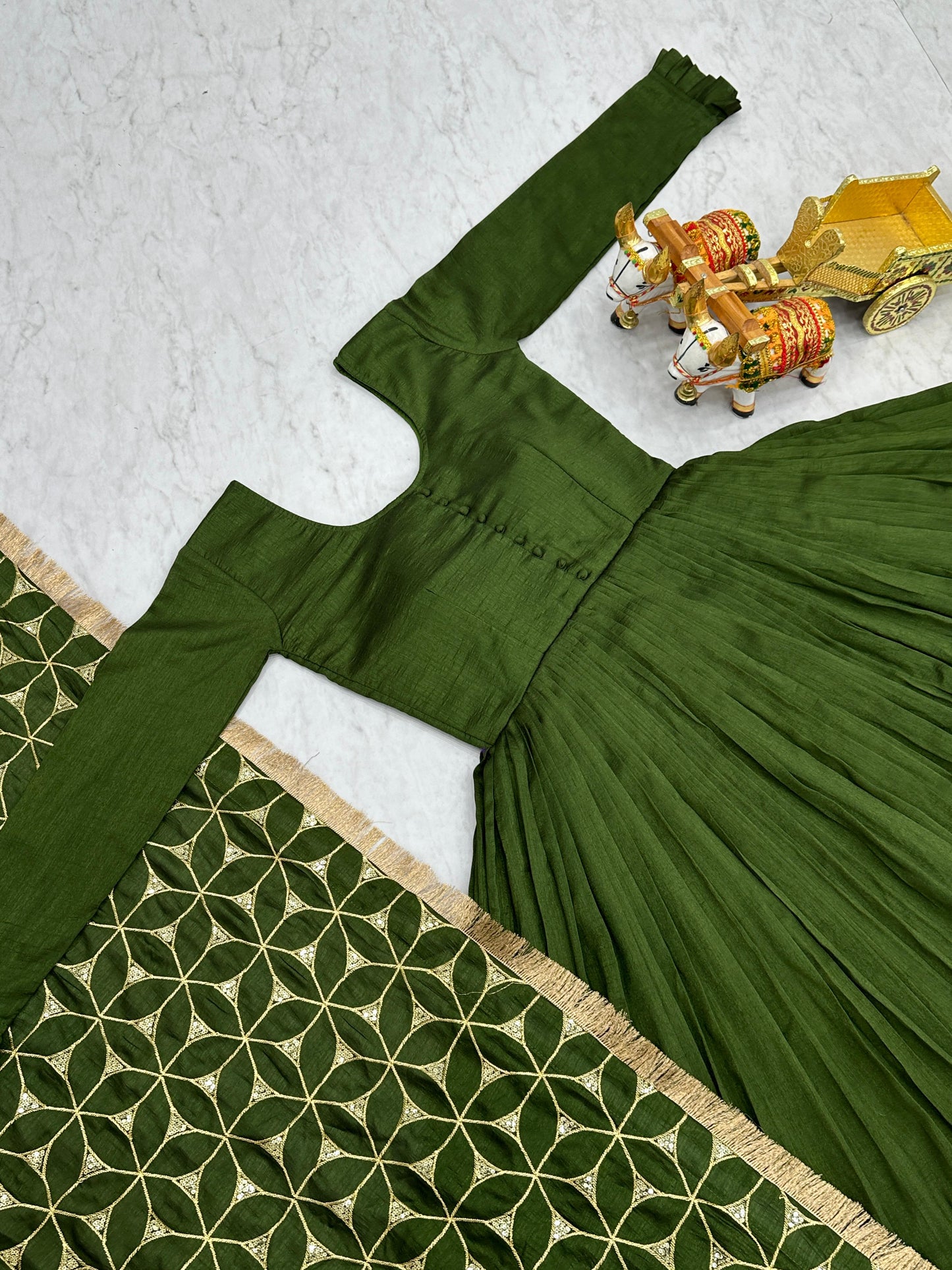 Decent Mehendi Festive Gown & Dupatta Set With Heavy Sequence Embroidery Work ( MAS_Ram_100_Mehendi )