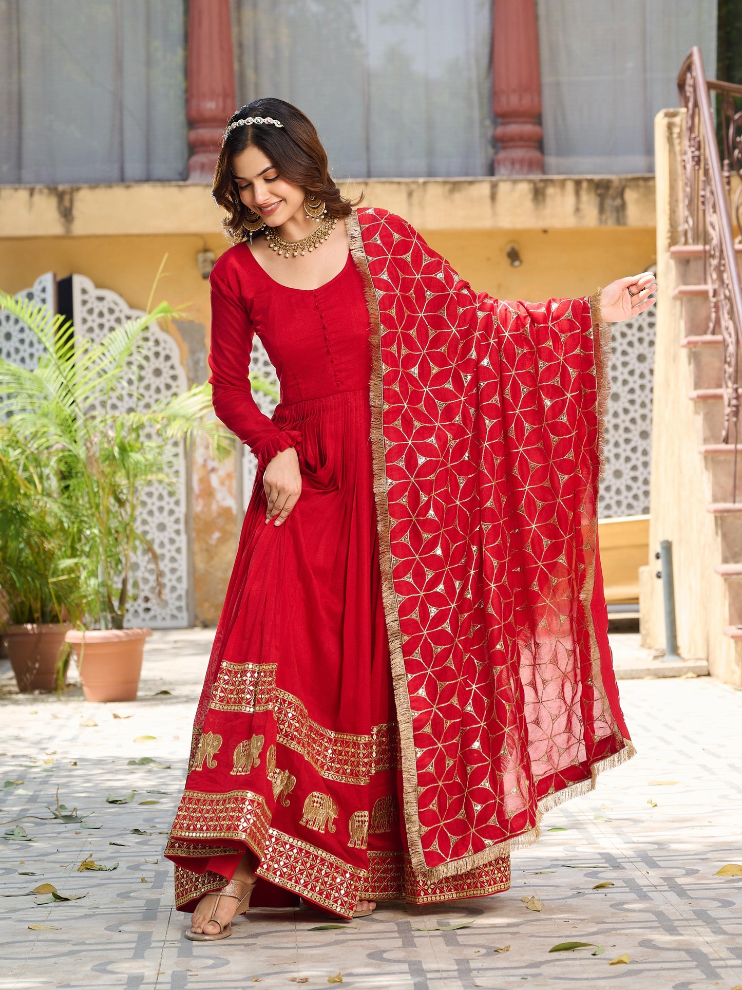 Eye Catching Red Festive Gown & Dupatta Set With Heavy Sequence Embroidery Work ( MAS_Ram_100_Red )