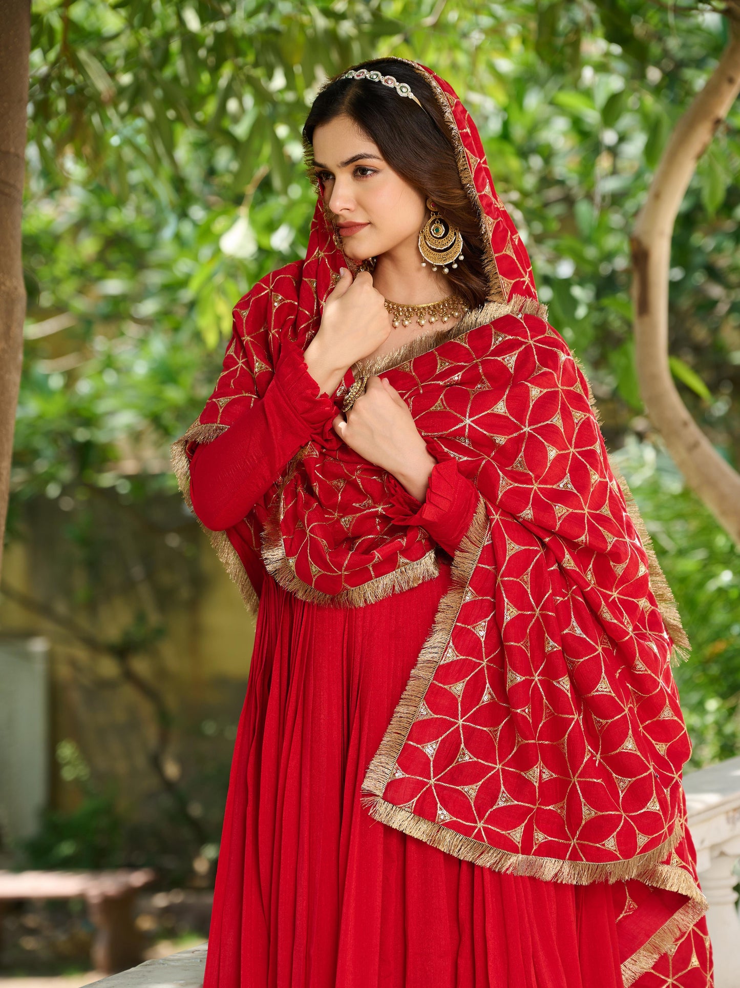 Eye Catching Red Festive Gown & Dupatta Set With Heavy Sequence Embroidery Work ( MAS_Ram_100_Red )