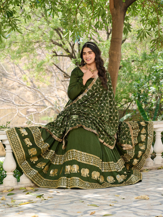 Decent Mehendi Festive Gown & Dupatta Set With Heavy Sequence Embroidery Work ( MAS_Ram_100_Mehendi )