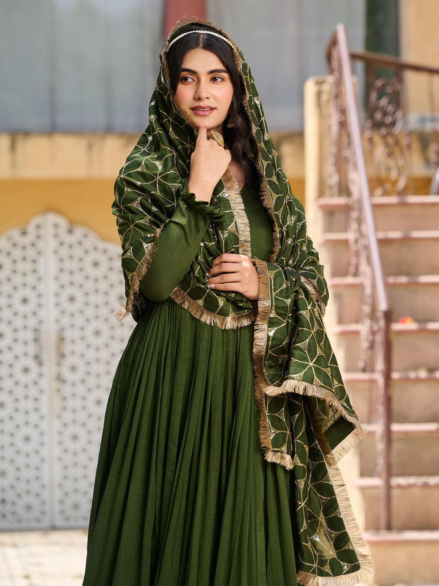Decent Mehendi Festive Gown & Dupatta Set With Heavy Sequence Embroidery Work ( MAS_Ram_100_Mehendi )