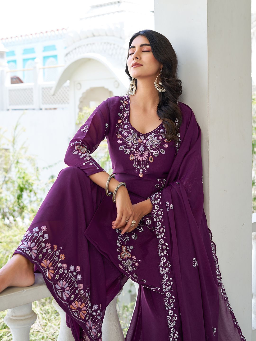 Gorgeous Designer Kurti, Plazzo & Dupatta Set With Heavy Bids & Sequence Embroidery Work (MAS_Ram_103_ Purple)