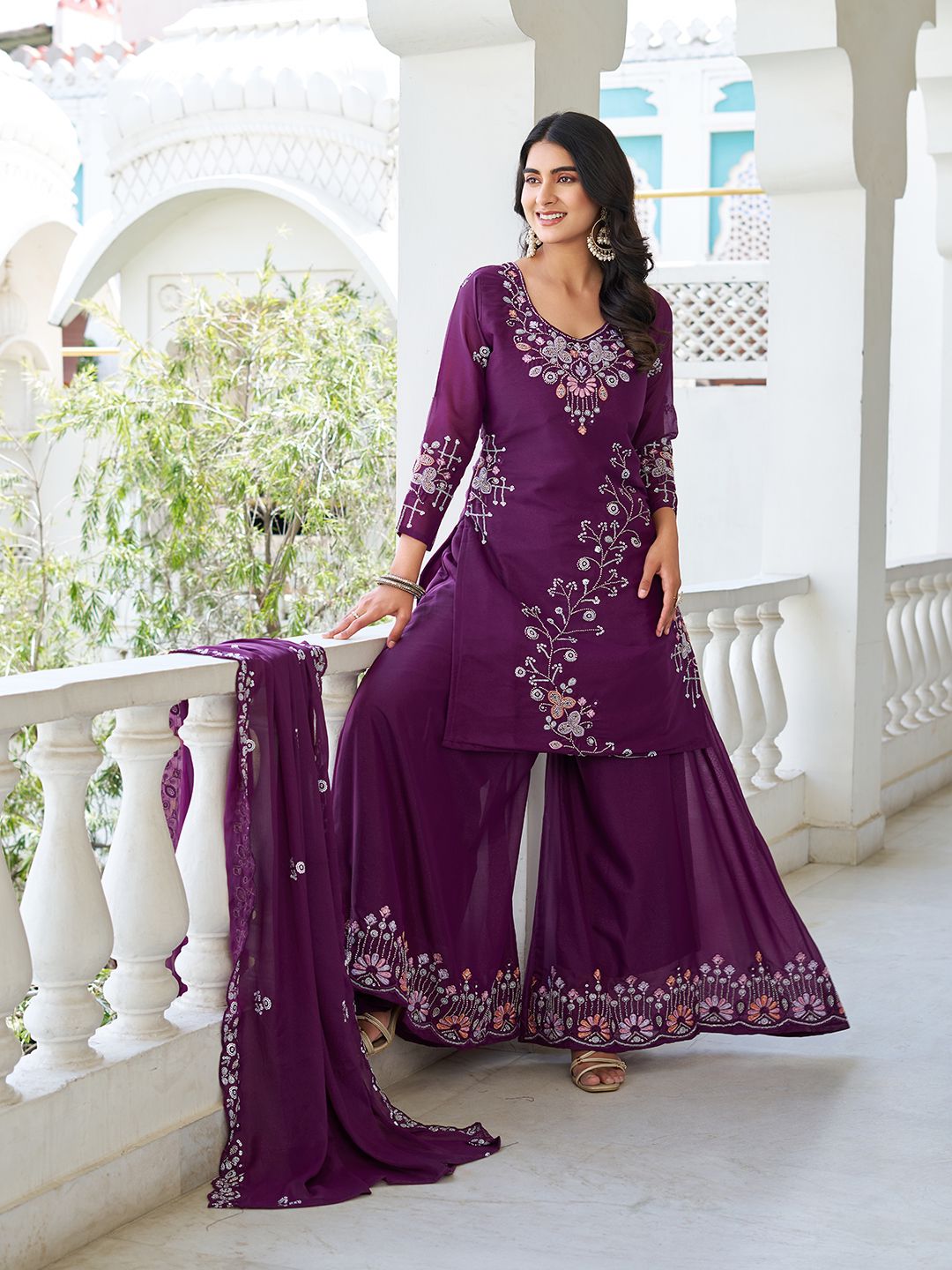 Gorgeous Designer Kurti, Plazzo & Dupatta Set With Heavy Bids & Sequence Embroidery Work (MAS_Ram_103_ Purple)