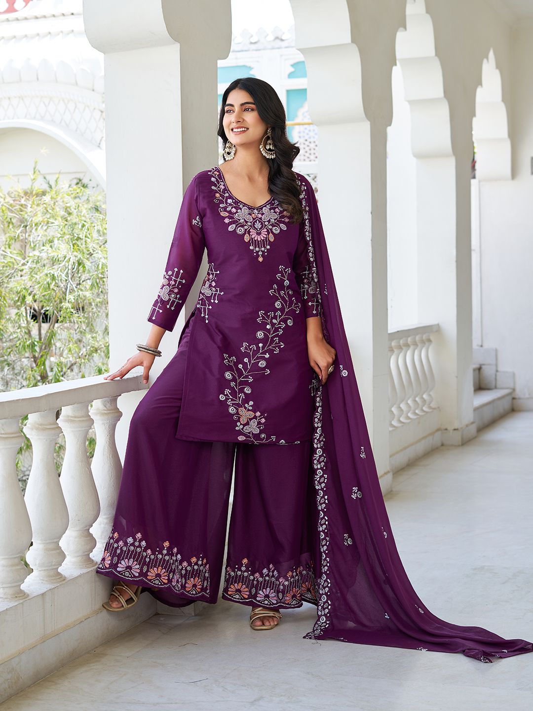 Gorgeous Designer Kurti, Plazzo & Dupatta Set With Heavy Bids & Sequence Embroidery Work (MAS_Ram_103_ Purple)