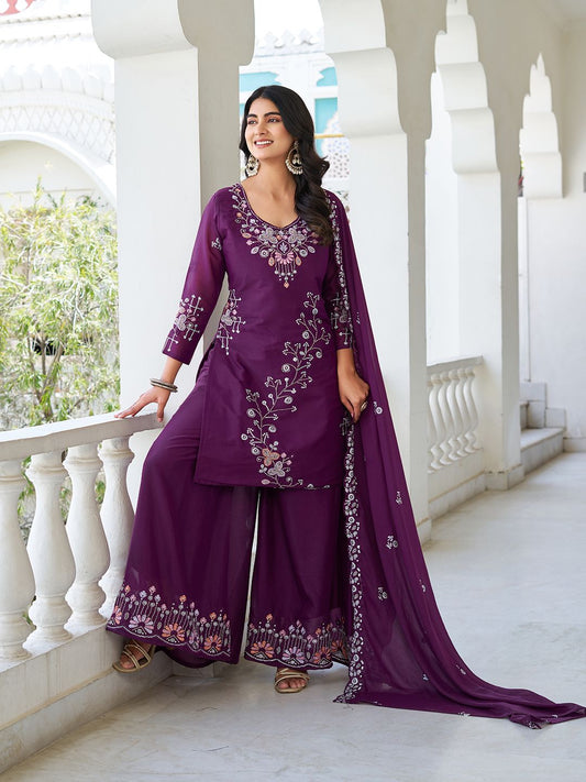 Gorgeous Designer Kurti, Plazzo & Dupatta Set With Heavy Bids & Sequence Embroidery Work (MAS_Ram_103_ Purple)