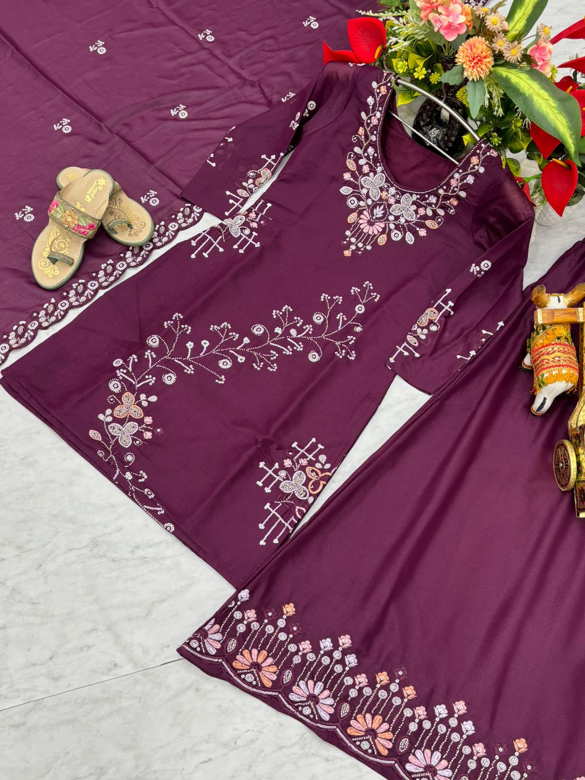 Gorgeous Designer Kurti, Plazzo & Dupatta Set With Heavy Bids & Sequence Embroidery Work (MAS_Ram_103_ Purple)