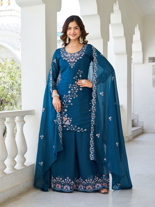 Party Wear New Designer Plazzo Suit With Dupatta Set with Heavy Bids Work (MAS_Ram_103_Blue)