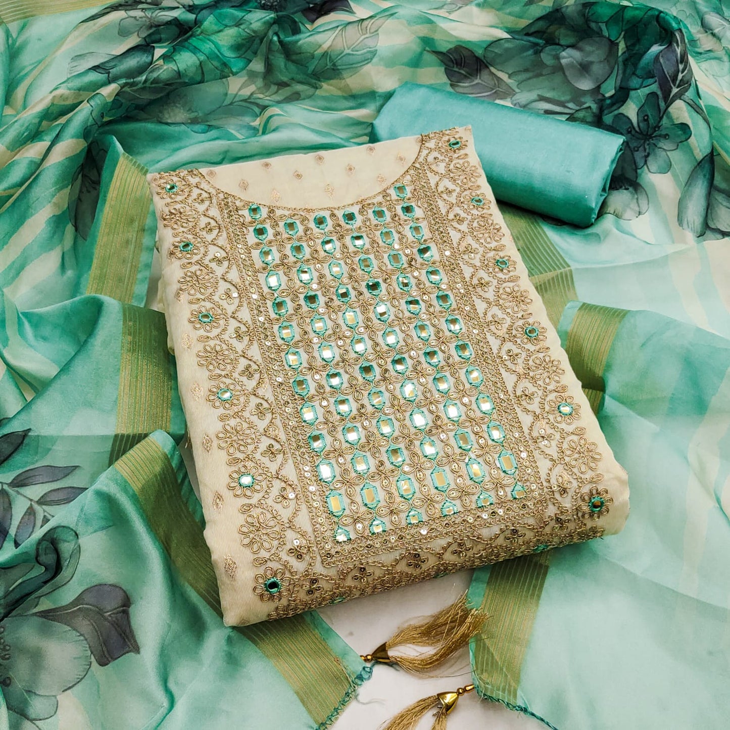 Green Weaving Dress Material In Shimmer Silk With Detailed Cording & Sequin Embroidery Work ( DM_DS_Sanvi_Green )