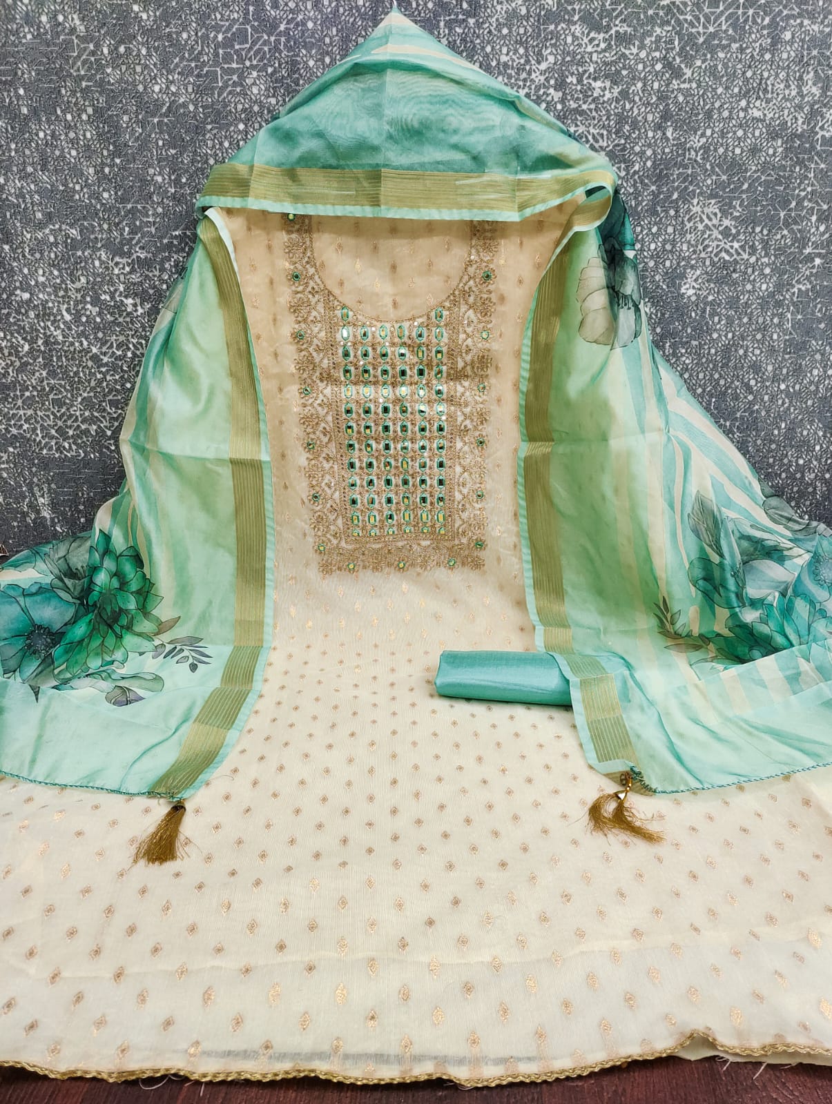 Green Weaving Dress Material In Shimmer Silk With Detailed Cording & Sequin Embroidery Work ( DM_DS_Sanvi_Green )