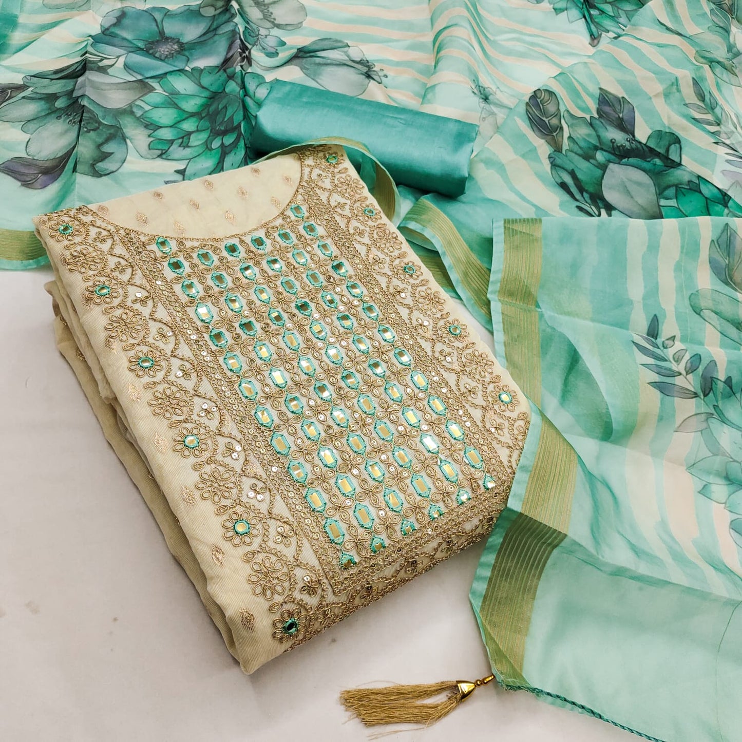 Green Weaving Dress Material In Shimmer Silk With Detailed Cording & Sequin Embroidery Work ( DM_DS_Sanvi_Green )