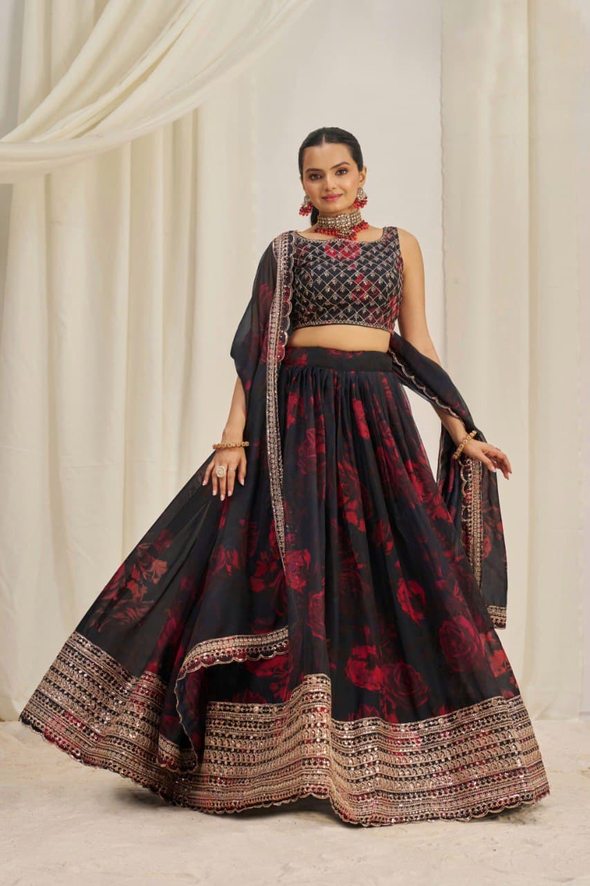 Elegant Floral Printed Embroidery Thread & Sequence Work Black Lehenga Choli ( MAS_TF_326 )