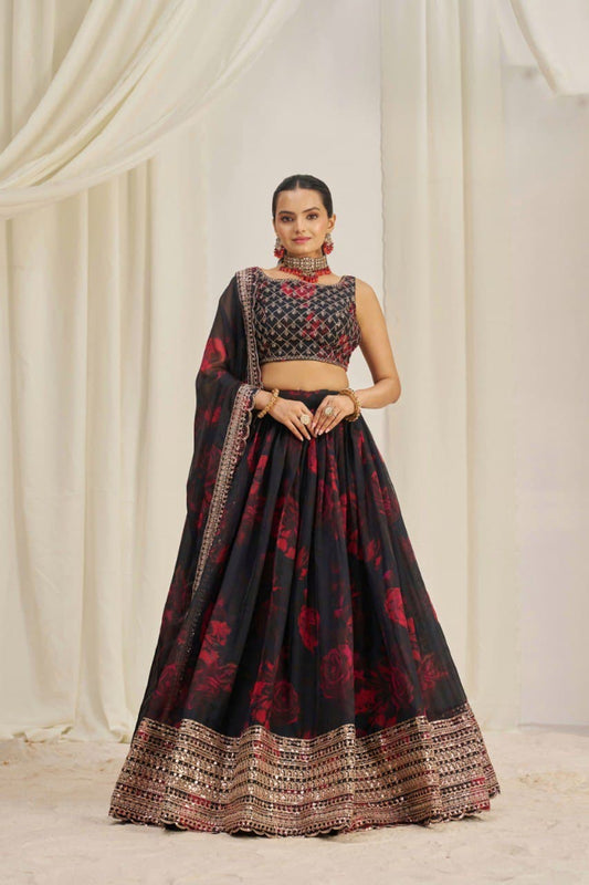 Elegant Floral Printed Embroidery Thread & Sequence Work Black Lehenga Choli ( MAS_TF_326 )