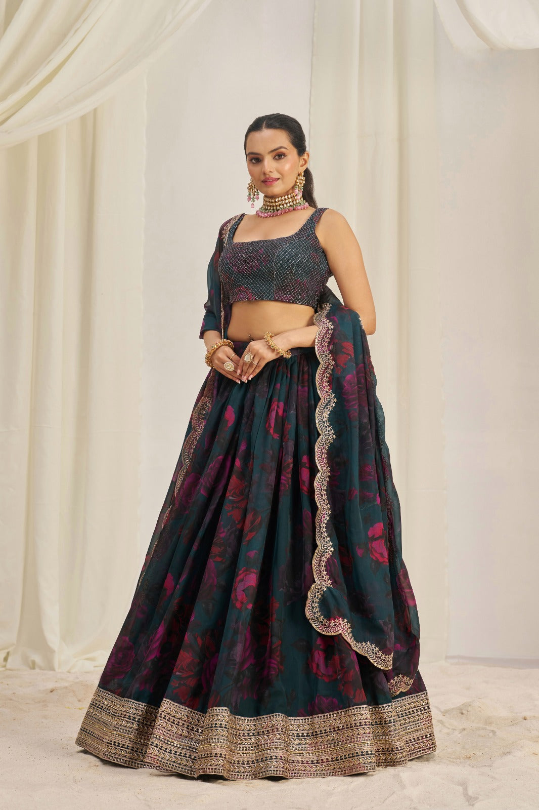Glamourous Floral Printed Embroidery Thread & Sequence Work Black Lehenga Choli ( MAS_TF_328 )