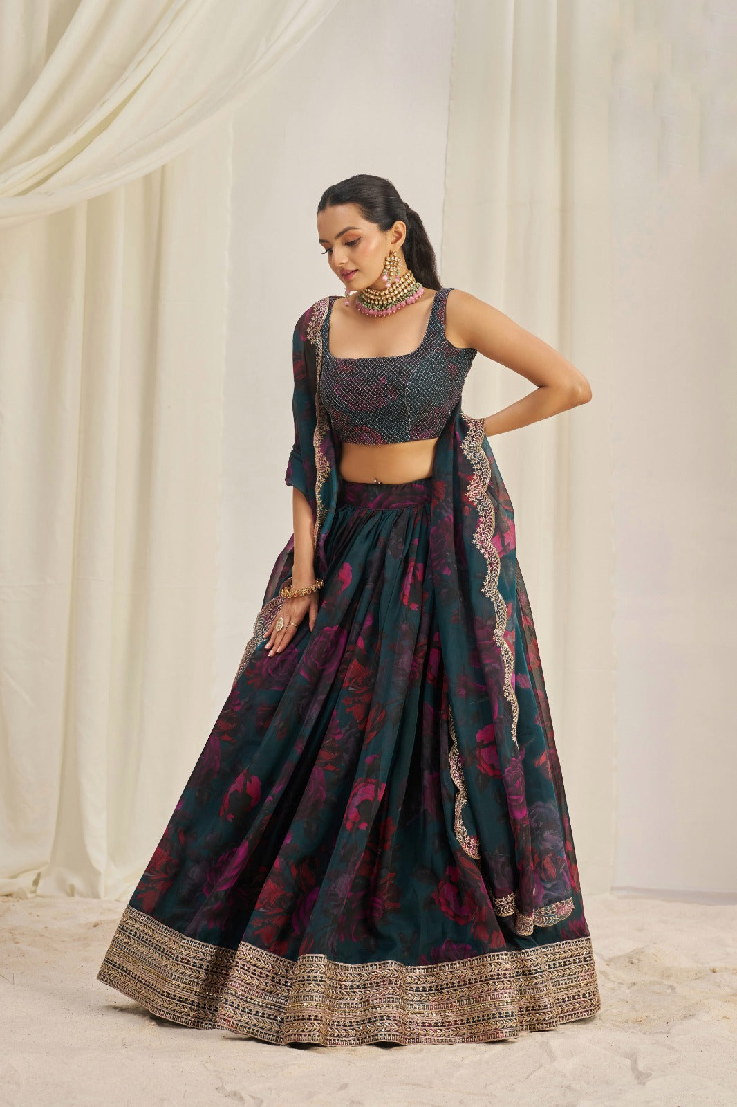 Glamourous Floral Printed Embroidery Thread & Sequence Work Black Lehenga Choli ( MAS_TF_328 )
