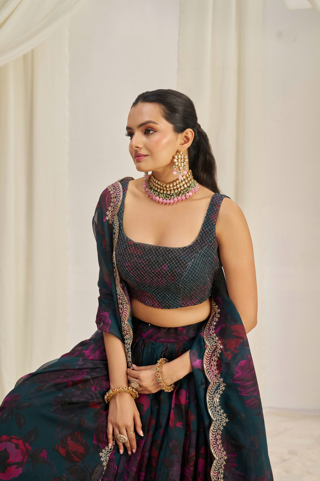 Glamourous Floral Printed Embroidery Thread & Sequence Work Black Lehenga Choli ( MAS_TF_328 )