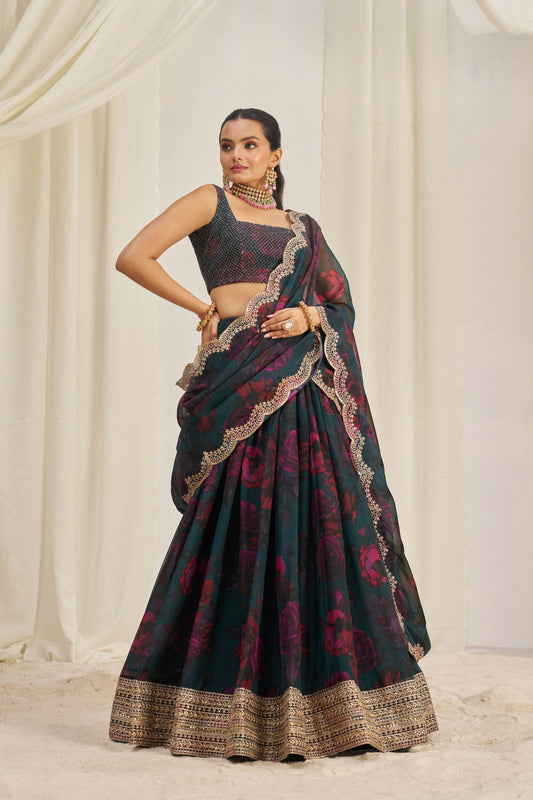 Glamourous Floral Printed Embroidery Thread & Sequence Work Black Lehenga Choli ( MAS_TF_328 )