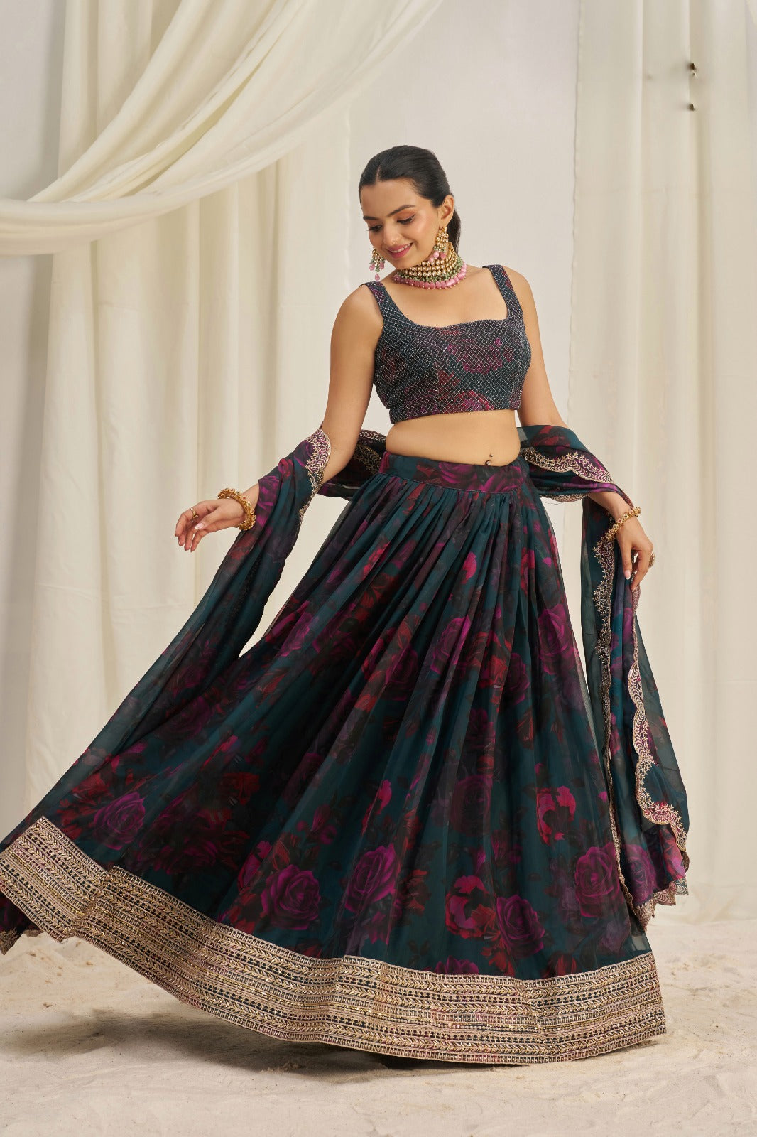 Glamourous Floral Printed Embroidery Thread & Sequence Work Black Lehenga Choli ( MAS_TF_328 )