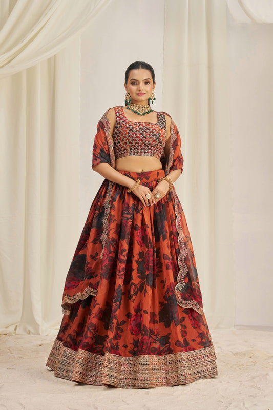 Admiring Floral Printed Embroidery Thread & Sequence Work Orange Lehenga Choli ( MAS_TF_329 )
