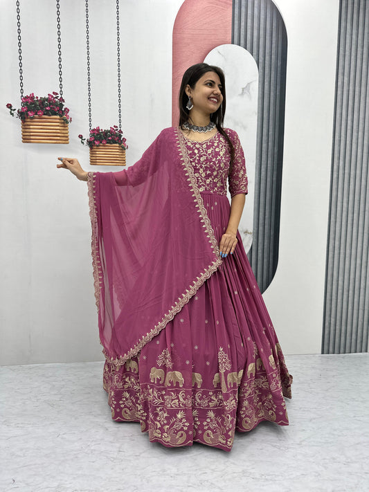 Fabulous Embroidery Thread Work Party Wear Gown and Dupatta set ( MAS_TP_108_Chocolaty )