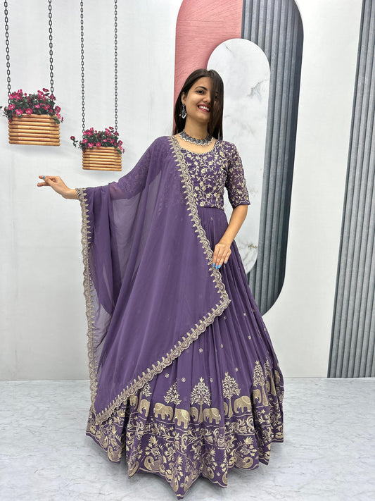 Ravishing Embroidery Thread Work Pink Party Wear Gown and Dupatta set ( MAS_TP_108_Purple )