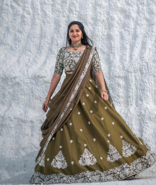 Beautiful Embroidery Thread Work Mahendi Color Lehenga Choli ( MAS_TP_212 )