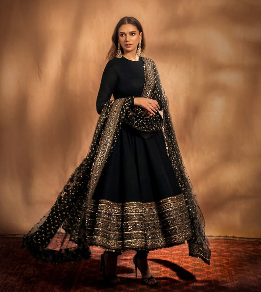 Demanding Heavy Embroidery & Sequence Work Black Party Wear Gown ( MAS_TP_233 )
