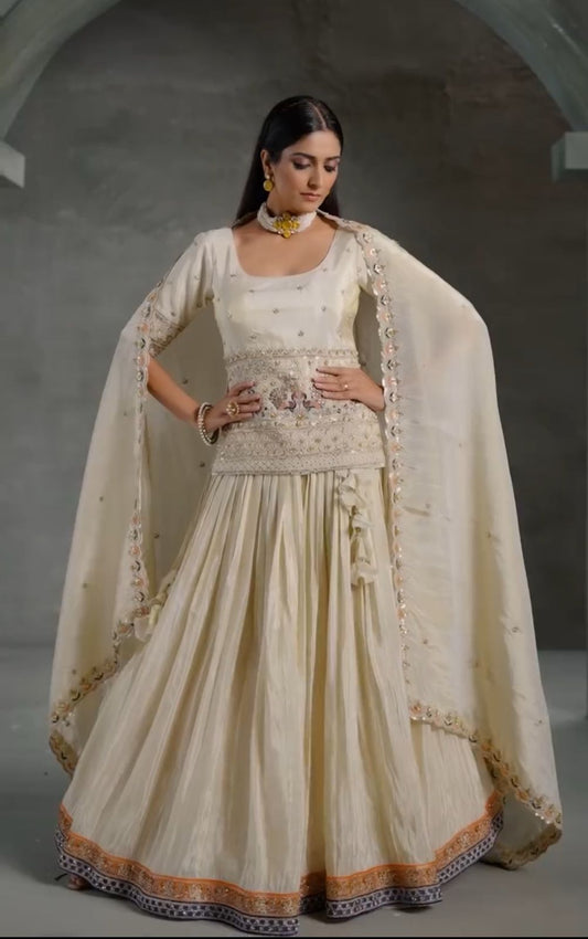 Classic Beige color Embroidery Thread & Sequence Work Crop Top ( MAS_TP_238 )