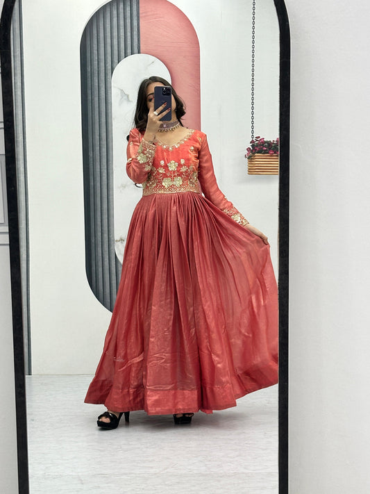 Classic Heavy Embroidery Thread & Sequence Work Party Wear Gown & Dupatta Set ( MAS_TP_239_Orange )