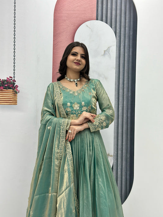 Classic Heavy Embroidery Thread & Sequence Work Party Wear Gown & Dupatta Set ( MAS_TP_239_Green )