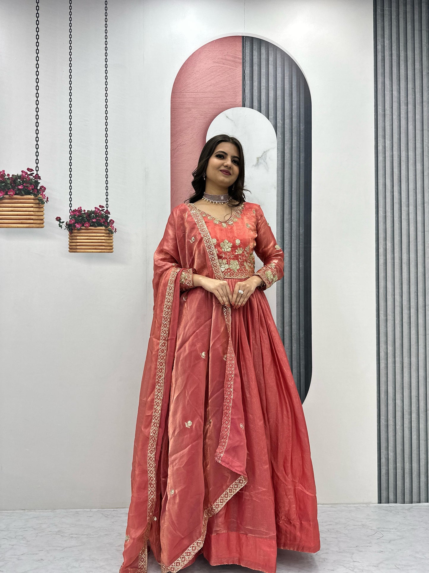 Classic Heavy Embroidery Thread & Sequence Work Party Wear Gown & Dupatta Set ( MAS_TP_239_Orange )
