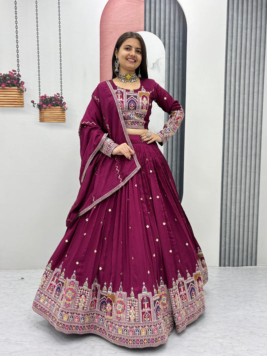 Glorious Embroidery Coading Sequences & Thread Work Wine Color Festive Lehenga Choli ( MAS_TP_245_Wine )