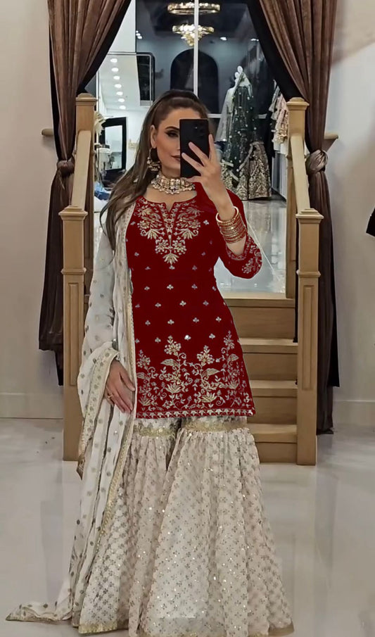 Gorgeous Party Wear Sharara Suit Wth Heavy Embroidery work (MAS_VLM_264_Red)