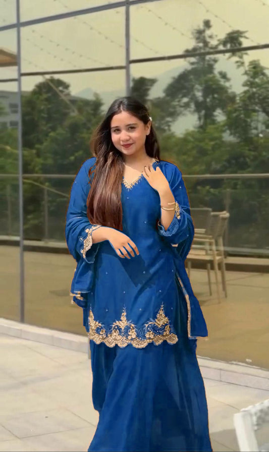 Royal Blue New Designer Plazzo Set With Fancy Dupatta And Embroidery Work ( MAS_VLM_274_Blue )