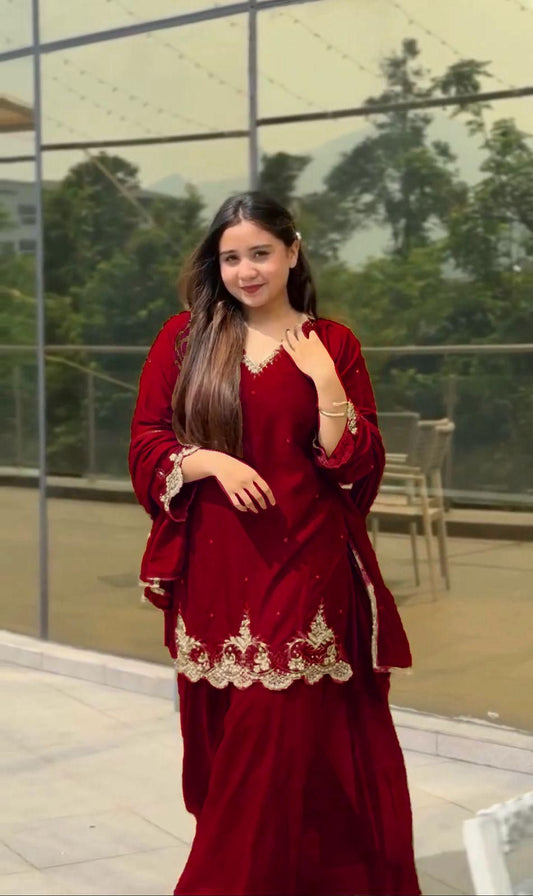Mesmerising New Designer Plazzo Set With Fancy Dupatta And Embroidery Work ( MAS_VLM_274_Maroon )