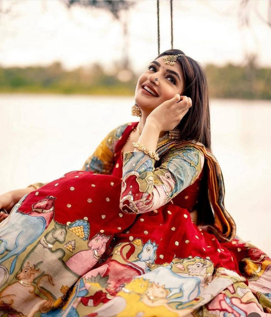 Demanding Red Timeless Kalamkari Print Lehenga Choli With Dupatta Sex ( MAS_TP_327 )