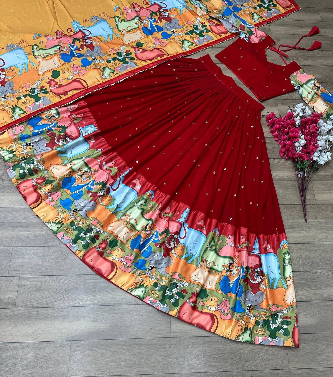 Demanding Red Timeless Kalamkari Print Lehenga Choli With Dupatta Sex ( MAS_TP_327 )