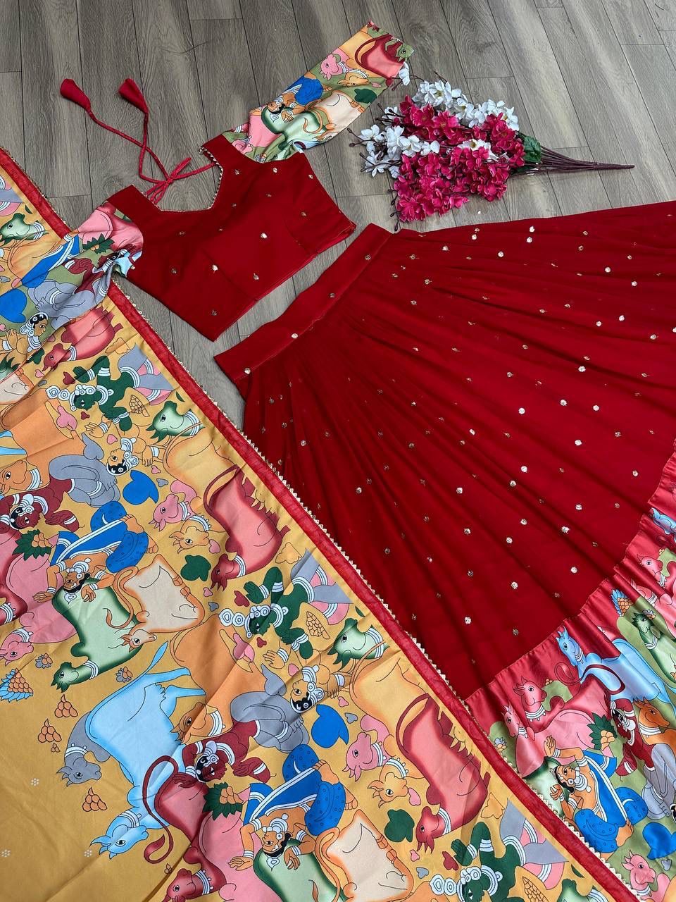 Demanding Red Timeless Kalamkari Print Lehenga Choli With Dupatta Sex ( MAS_TP_327 )