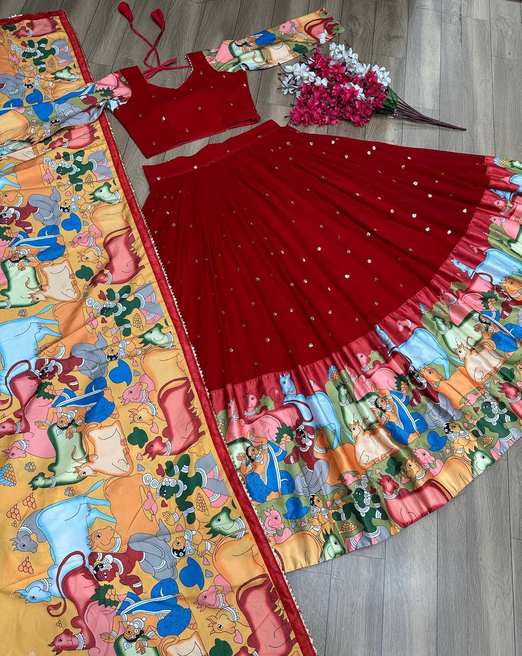 Demanding Red Timeless Kalamkari Print Lehenga Choli With Dupatta Sex ( MAS_TP_327 )