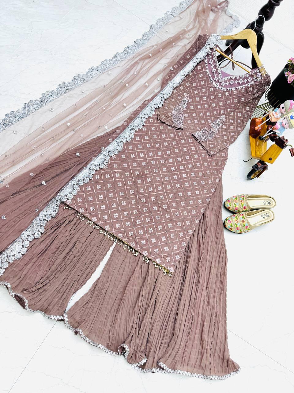 Designer Party Wear Plazzo With Real Mirror, Sequence & Thread Embroidery Work ( MAS_Z_9281_Peach )