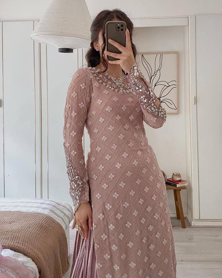 Designer Party Wear Plazzo With Real Mirror, Sequence & Thread Embroidery Work ( MAS_Z_9281_Peach )