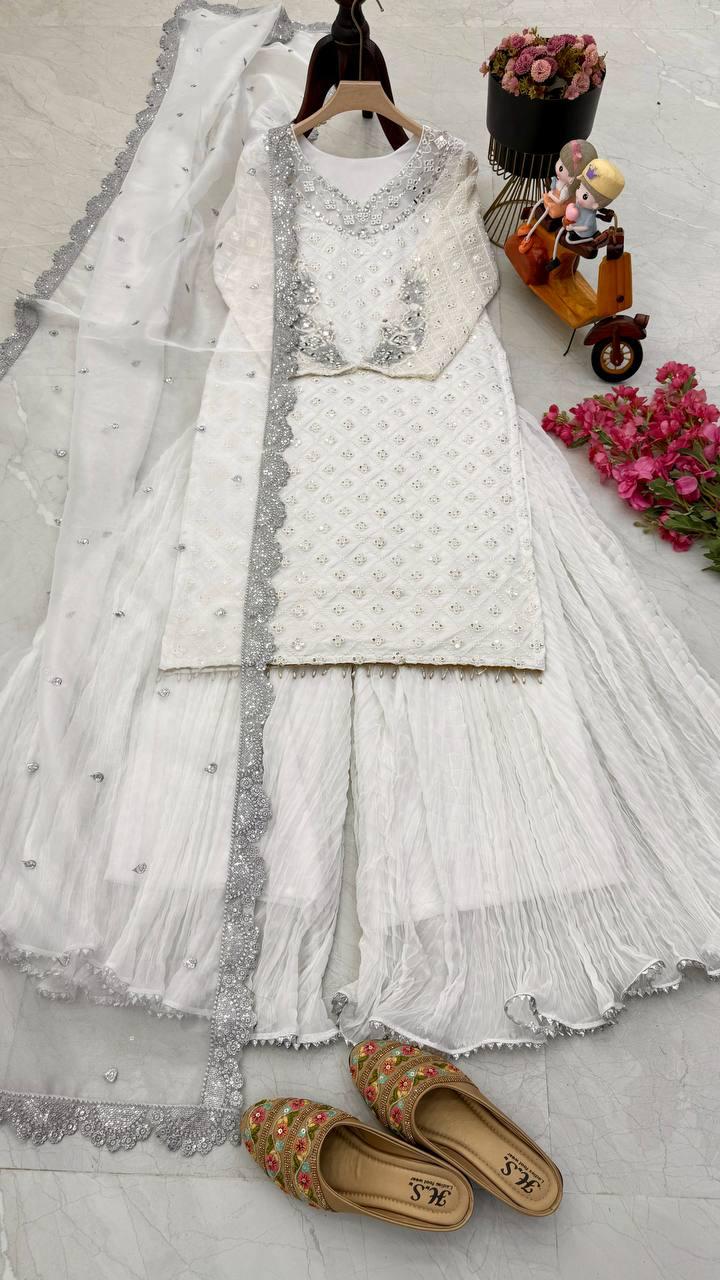 Designer Party Wear Plazzo With Real Mirror, Sequence & Thread Embroidery Work ( MAS_Z_9281_White )