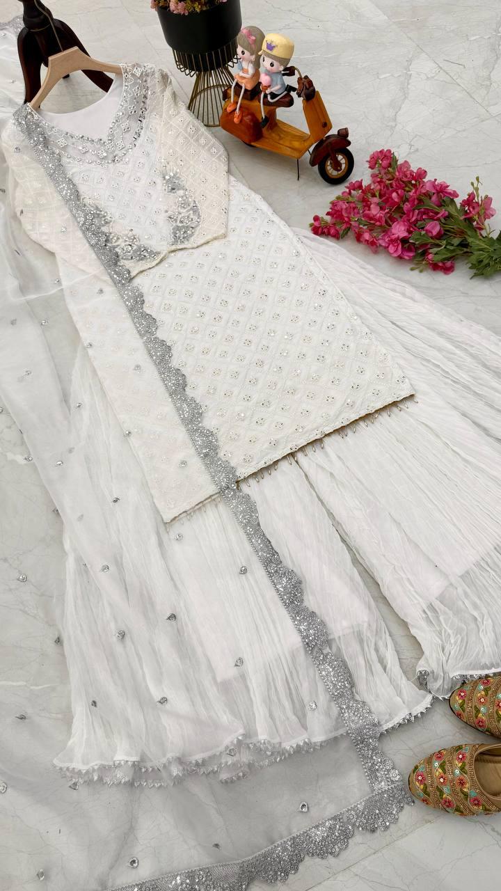 Designer Party Wear Plazzo With Real Mirror, Sequence & Thread Embroidery Work ( MAS_Z_9281_White )