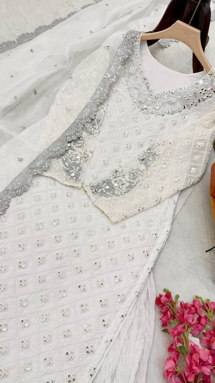 Designer Party Wear Plazzo With Real Mirror, Sequence & Thread Embroidery Work ( MAS_Z_9281_White )