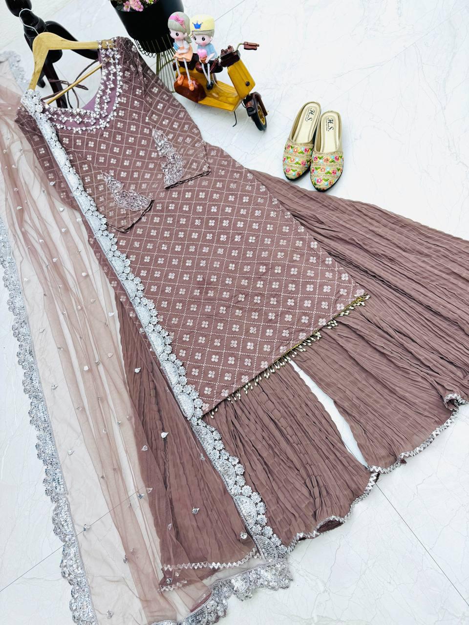 Designer Party Wear Plazzo With Real Mirror, Sequence & Thread Embroidery Work ( MAS_Z_9281_Peach )