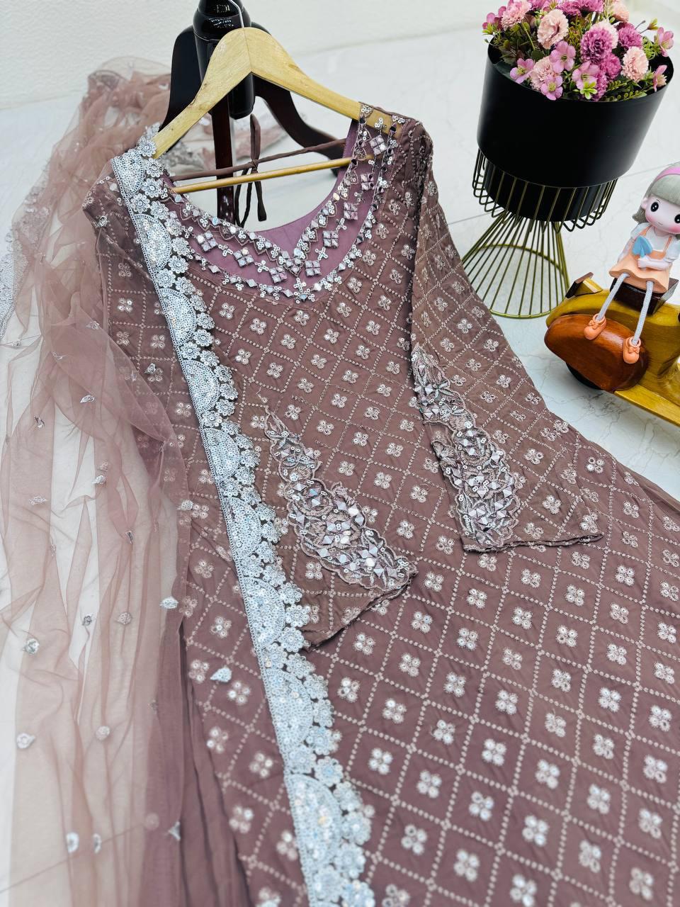 Designer Party Wear Plazzo With Real Mirror, Sequence & Thread Embroidery Work ( MAS_Z_9281_Peach )