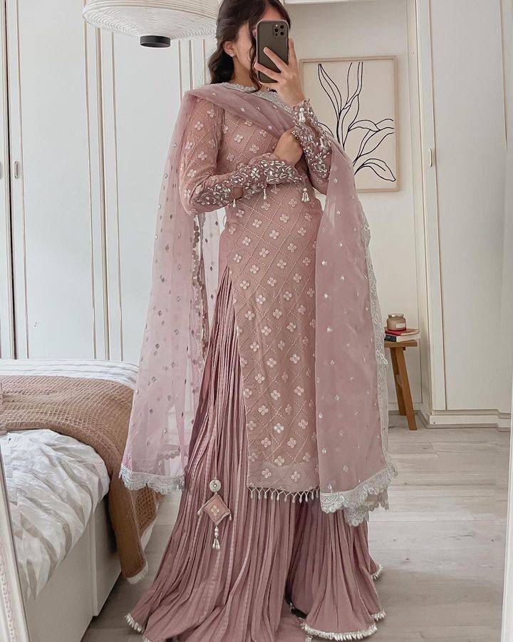 Designer Party Wear Plazzo With Real Mirror, Sequence & Thread Embroidery Work ( MAS_Z_9281_Peach )