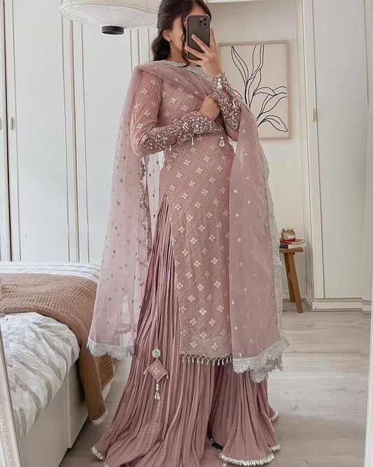 Designer Party Wear Plazzo With Real Mirror, Sequence & Thread Embroidery Work ( MAS_Z_9281_Peach )