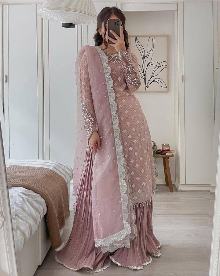 Designer Party Wear Plazzo With Real Mirror, Sequence & Thread Embroidery Work ( MAS_Z_9281_Peach )