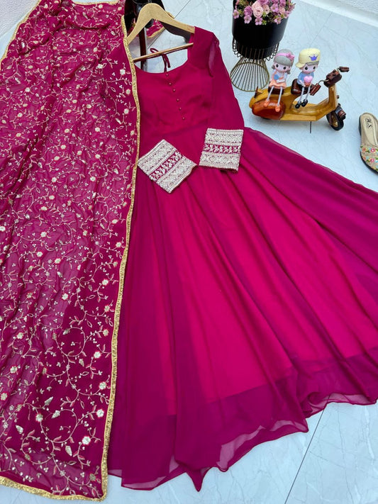 Pretty Pink Designer Party Wear Gown & Dupatta Set (MAS_ZB_5040_Pink)