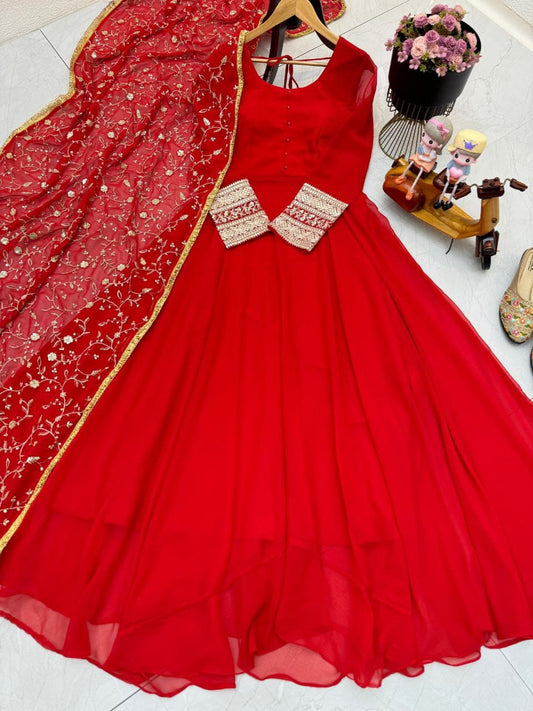 Charming Red New Designer Party Wear Gown & Dupatta Set ( MAS_ZB_5040_Red )